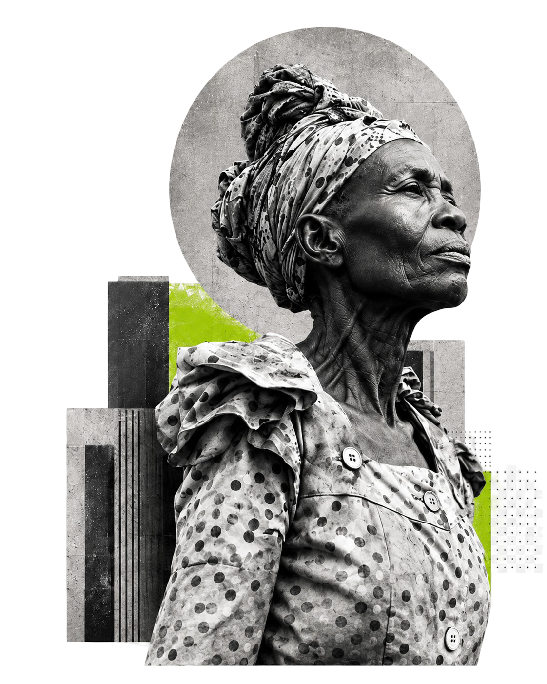 Black and white collage portrait of an older woman looking upward, backed by cultural texture and acidic green forms.
